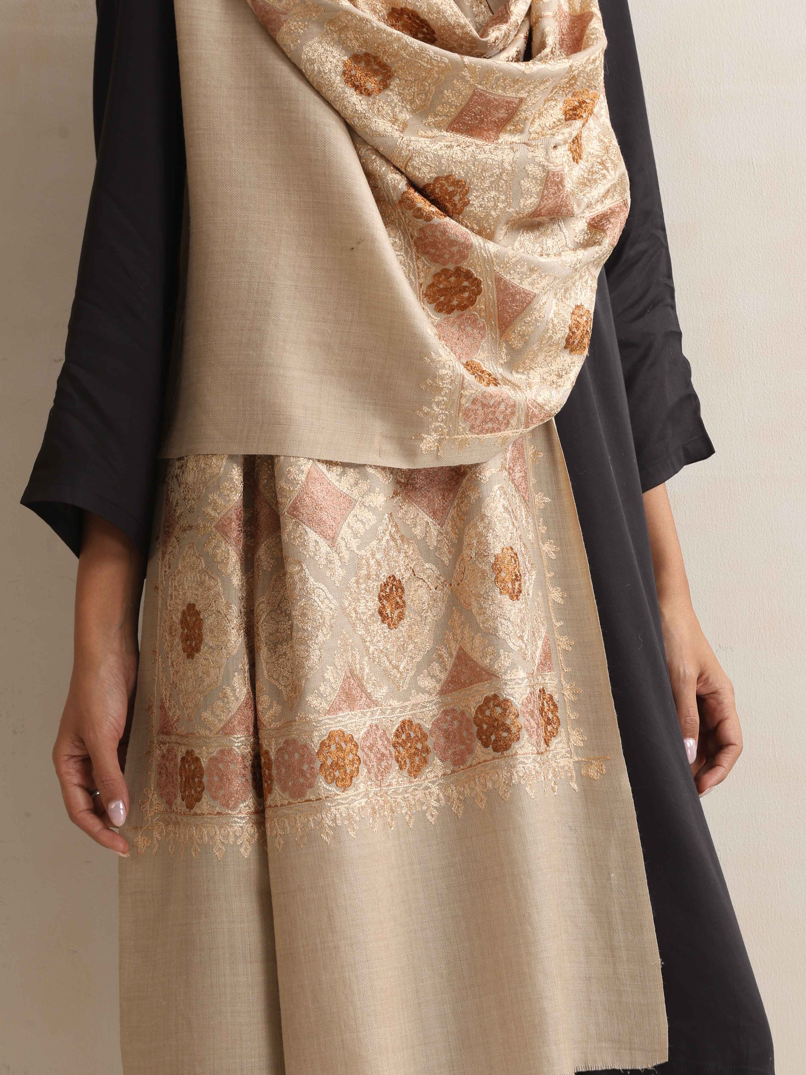trueBrowns Beige Geometric Embroidered Woollen Stole