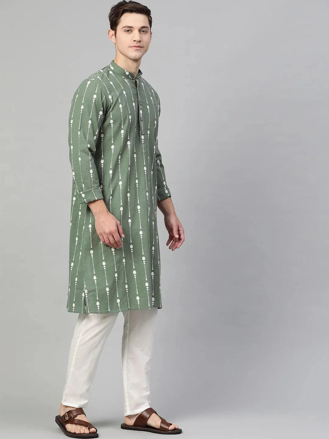 Fabmade Green And White Printed Straight Kurta Pyjama