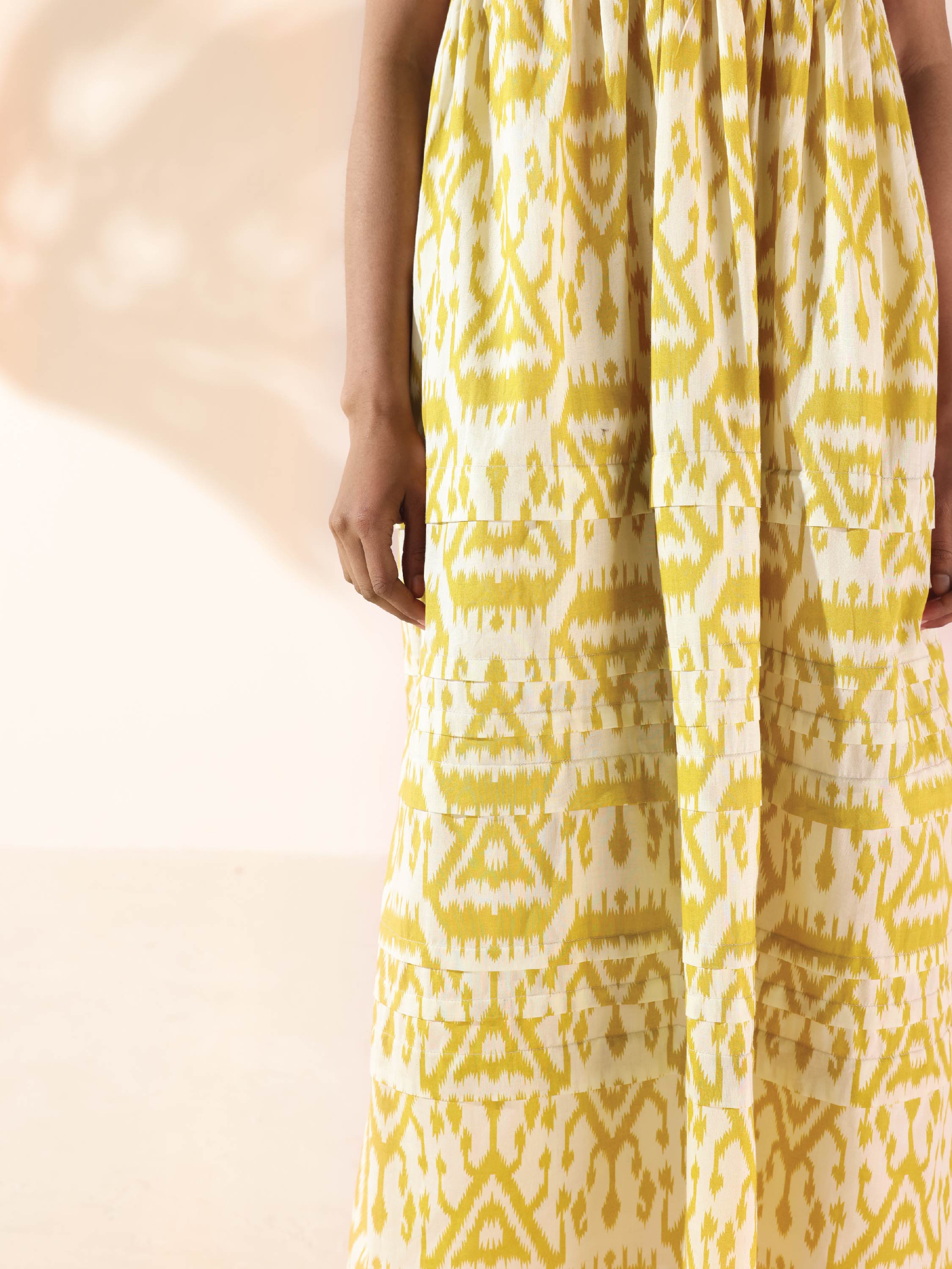 trueBrowns Lime Cotton Ikat Sleeveless Flared Dress - Distacart
