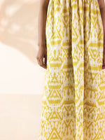 Thumbnail for trueBrowns Lime Cotton Ikat Sleeveless Flared Dress - Distacart