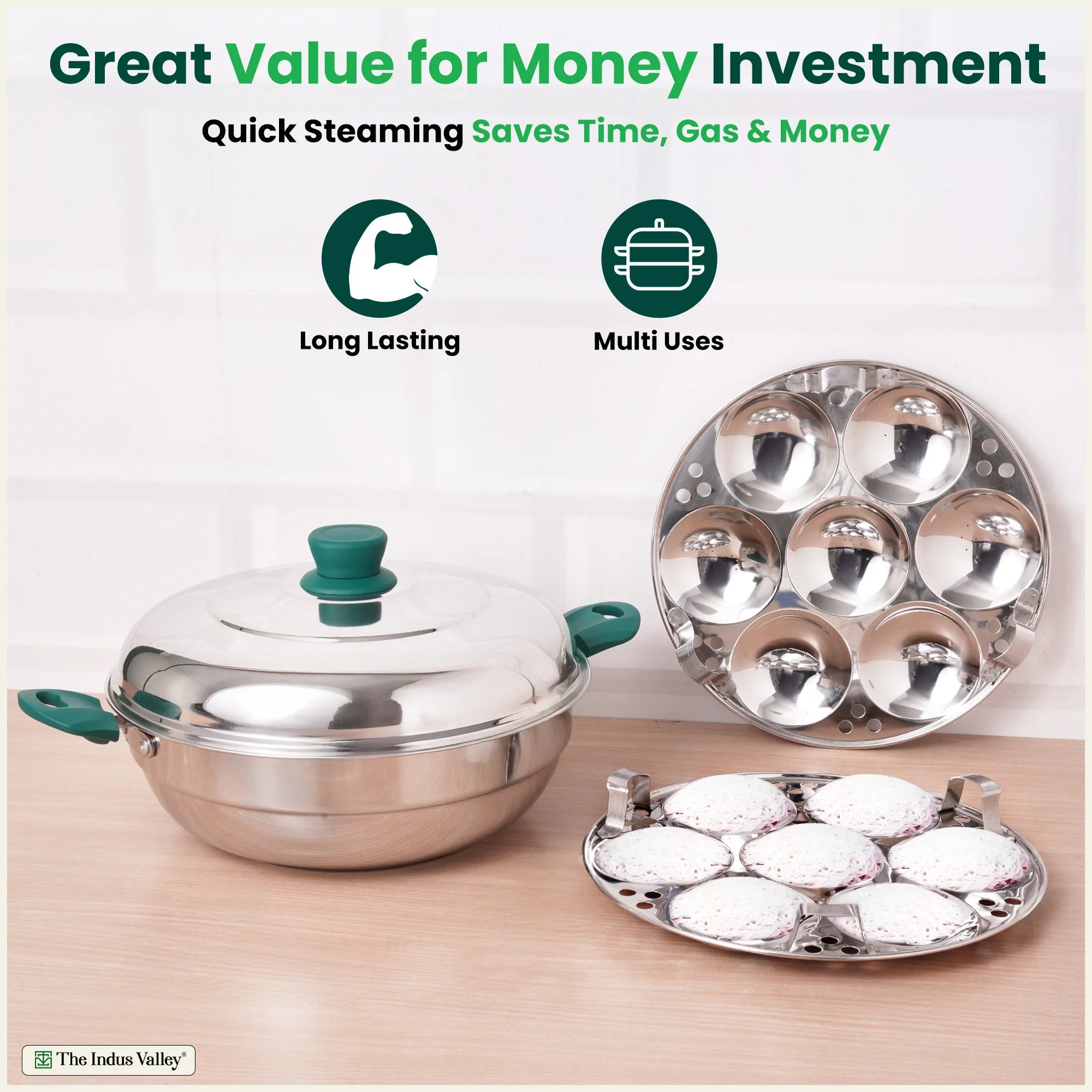 The Indus Valley 14 Pit Tri-Steel Multi Pot Premium Stainless Steel Idli/ Momo Maker/  Veg Steaming Set, Tri-ply Induction Bottom, 2 Plates, 27cm