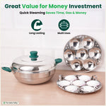 Thumbnail for The Indus Valley 14 Pit Tri-Steel Multi Pot Premium Stainless Steel Idli/ Momo Maker/  Veg Steaming Set, Tri-ply Induction Bottom, 2 Plates, 27cm