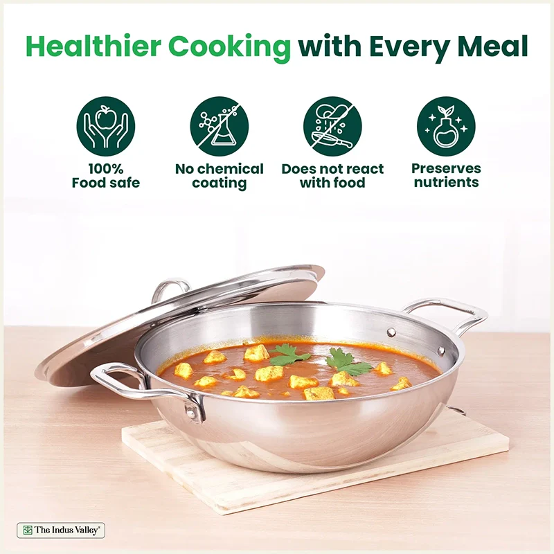 The Indus Valley TurboCuk Tri-ply Stainless Steel Kadai+ Steel Lid, Premium Quality, 3 Layer Thick Body, 100% Toxin-free, Non-stick, Induction & Gas, 3L/3.5L/3.9L/4.5L