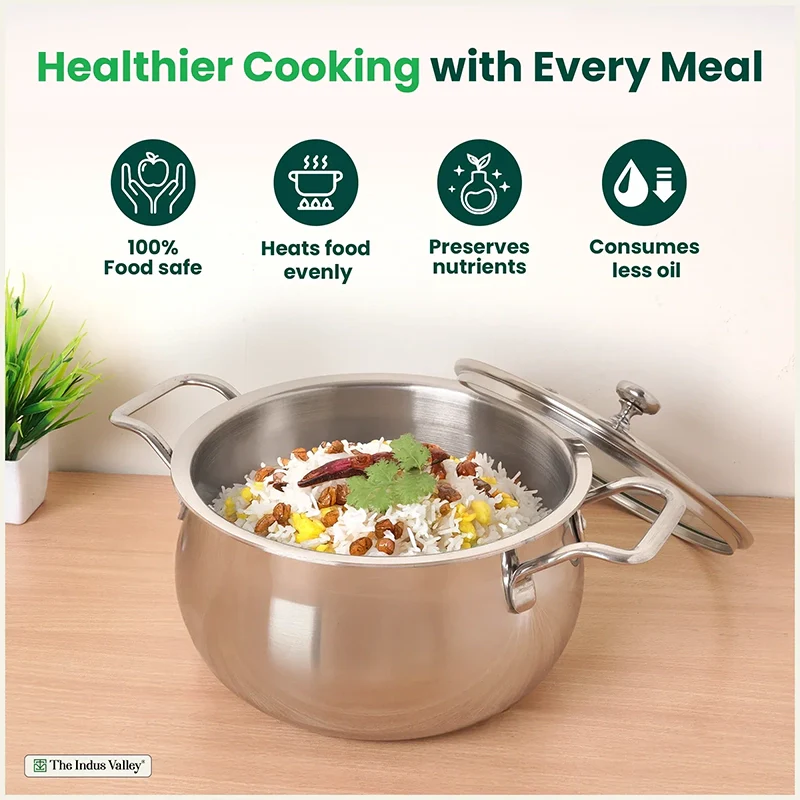 The Indus Valley TurboCuk Tri-ply Stainless Steel Handi Casserole/ Biryani Cooking Pot+ Glass Lid, Premium Quality, 3 Layer Thick Body, 100% Toxin-free, Non-stick, Induction & Gas, 4L