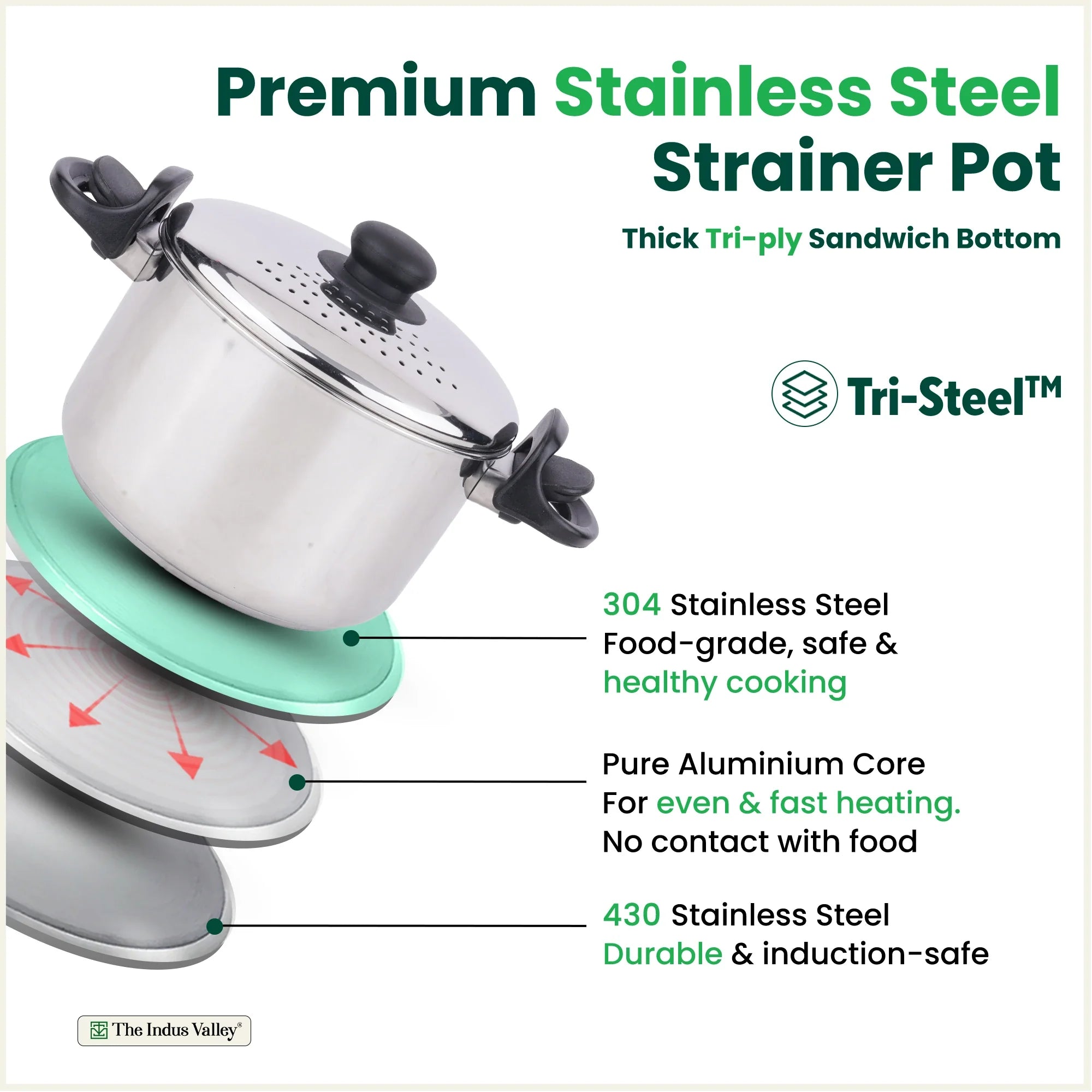 The Indus Valley Tri-steel Stainless Steel Rice Pot with Strainer Lid & Lockable Bakelite Handles, Tri-ply 3-Layer Heavy Bottom | Noodle/Pasta/Corn/Soya/Veggies Boiler Pot, Steamer Cooker, Induction & Gas, 1.08 Kg, 19cm, 3.5 L