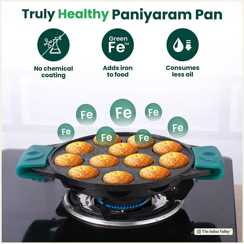 The Indus Valley 12 Pit/Cup CASTrong Cast Iron Paniyaram/Appe Pan, Pre-seasoned, with Double Handle Silicone Grip,Toxin-free, 20.8 cm, 2.2 kg