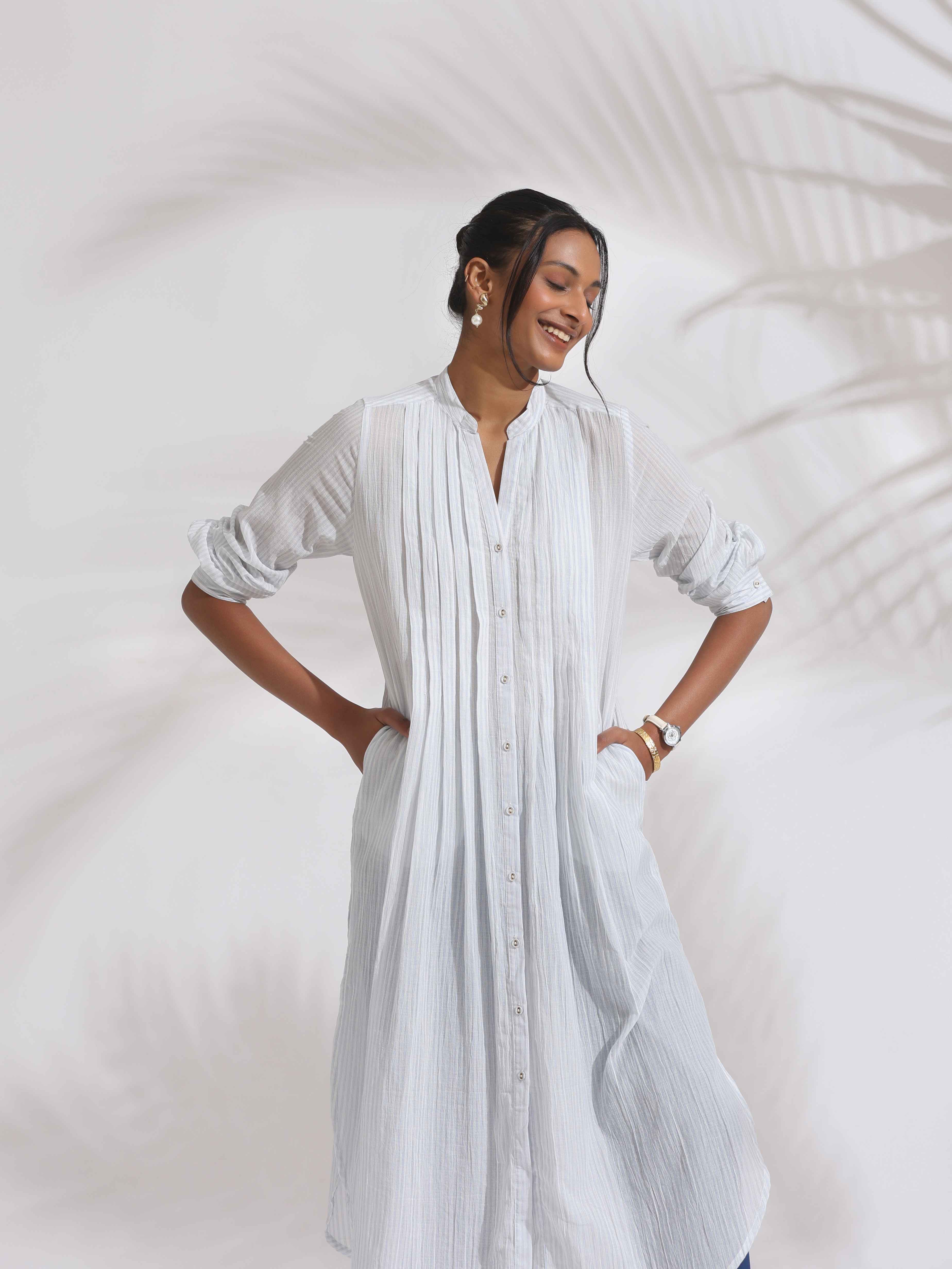 trueBrowns White Cotton Stripe Pleated Shirt Kurta Set