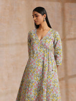 Thumbnail for trueBrowns Grey Overall Floral Block Print Cotton Angrakha Kurta Pant Set - Distacart