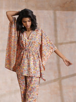 Thumbnail for trueBrowns Multicolor Beige Overall Floral Block Print Cotton Kaftan Co-Ord Set - Distacart