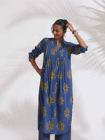 Thumbnail for trueBrowns Blue Cotton Print Pleated Kurta Set