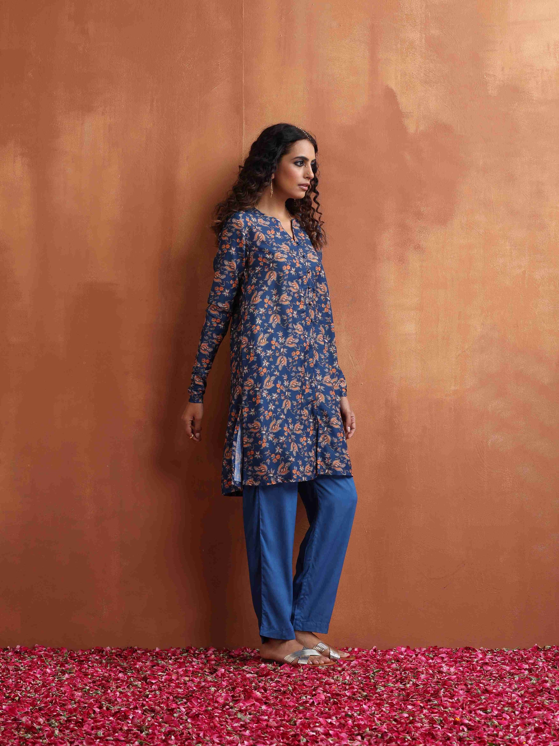 trueBrowns Blue Print Kurta Co-ord Set - Distacart