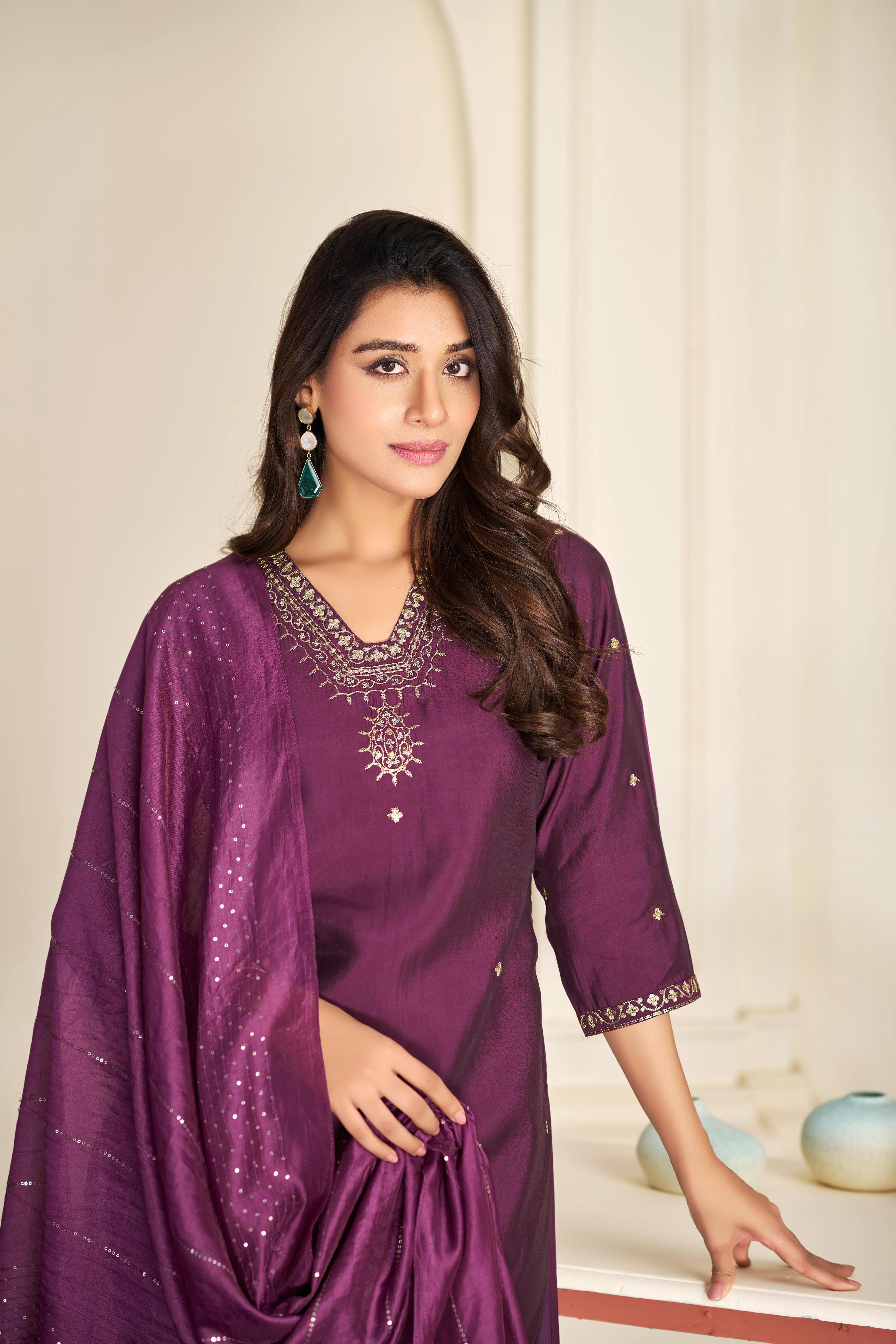 BulBul Nakshatra Wine Silk Kurta Set with Dupatta