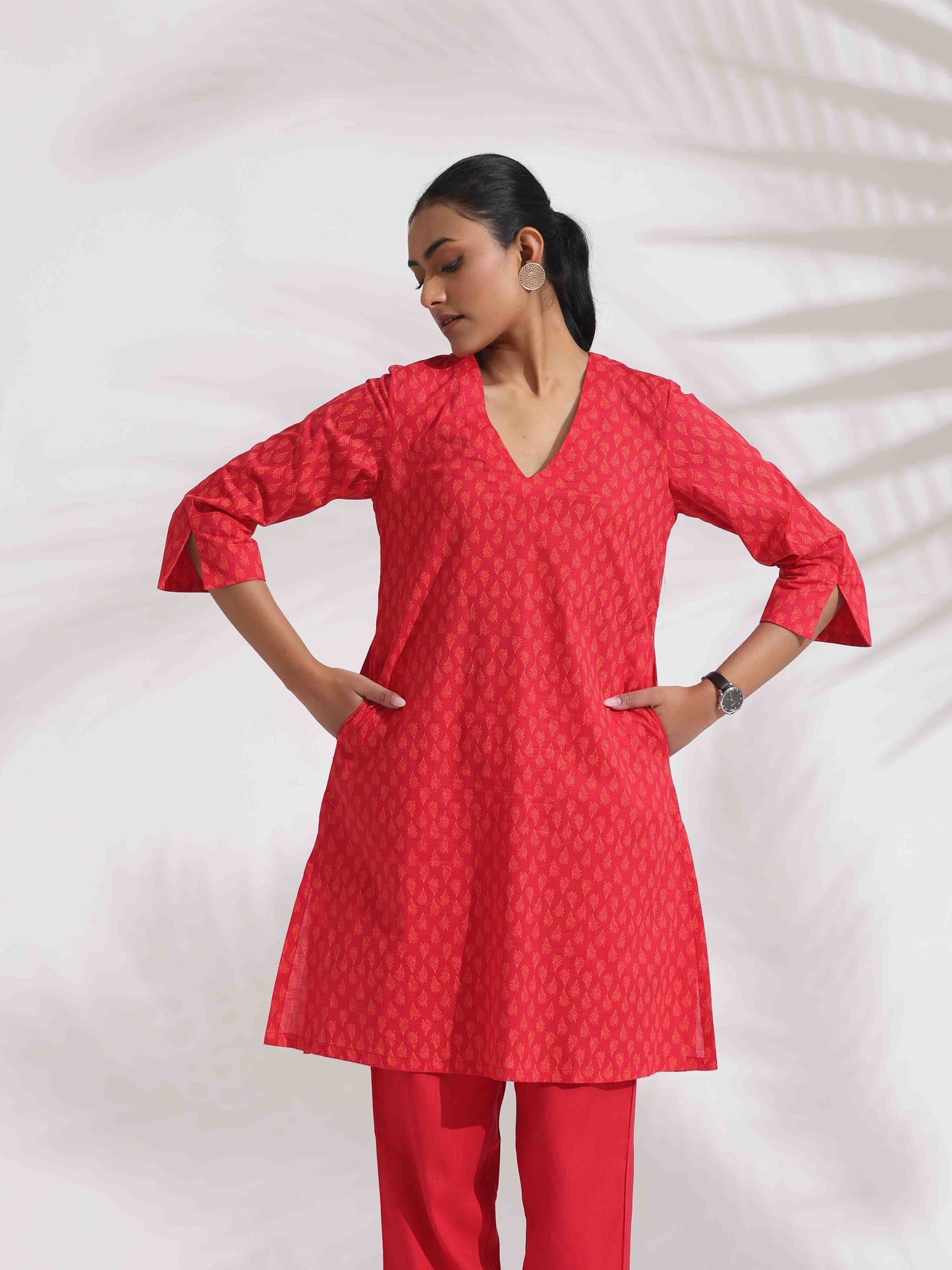 trueBrowns Red Cotton Print Kurta Co-ord Set - Distacart