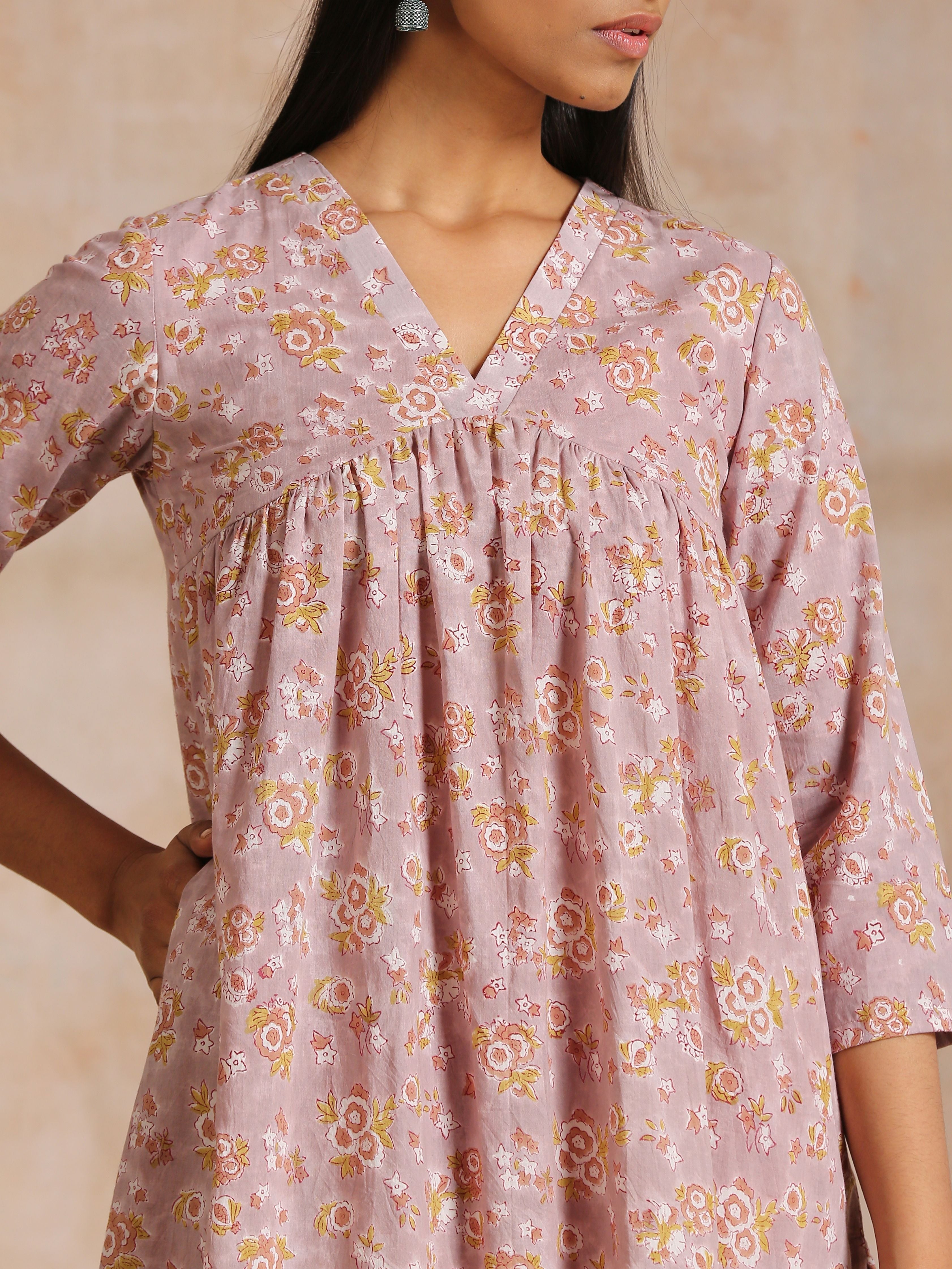 trueBrowns Grey Overall Floral Block Print Cotton Flared Slit Kurta Pant Set | Relove