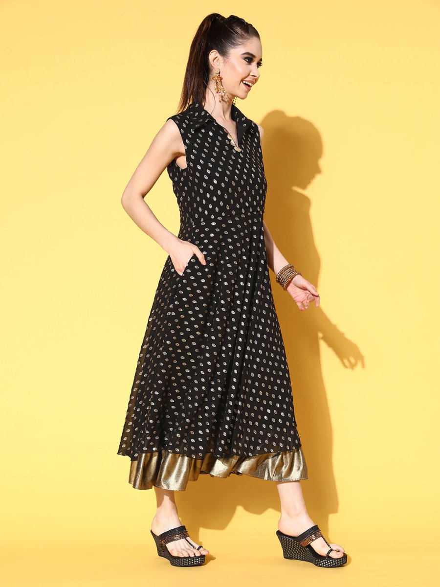 Ahalyaa Black Georgette Ethnic Motifs Printed Shirt-Collar Midi Fit & Flare Ethnic Dress - Distacart