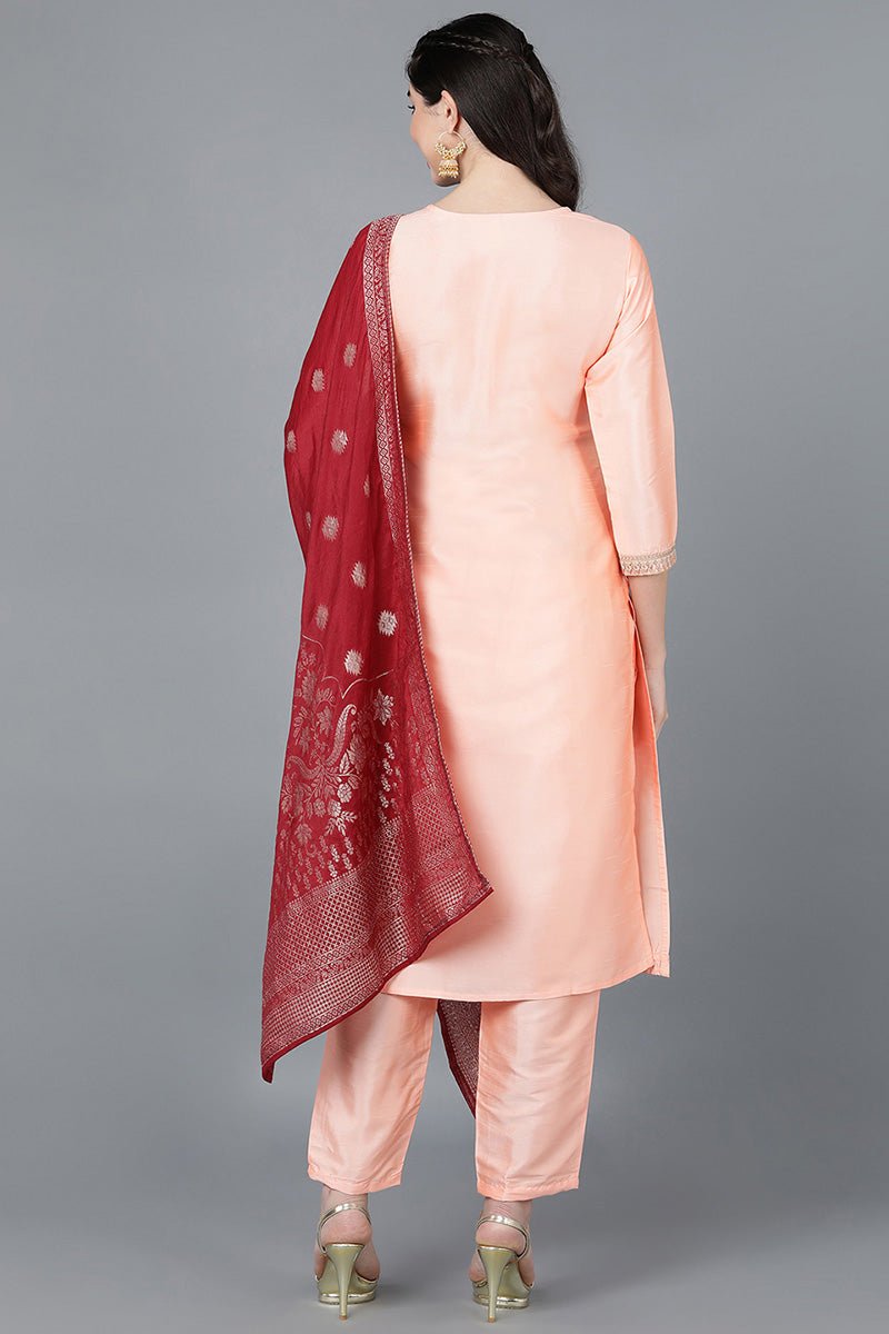 Ahika Peach Poly Silk A-Line Kurta Pant With Dupatta