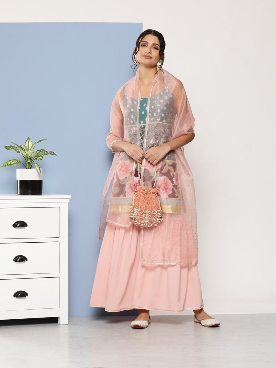 Ahalyaa Women Green Floral Printed Gotta Patti Kurta with Sharara & With Dupatta - Distacart