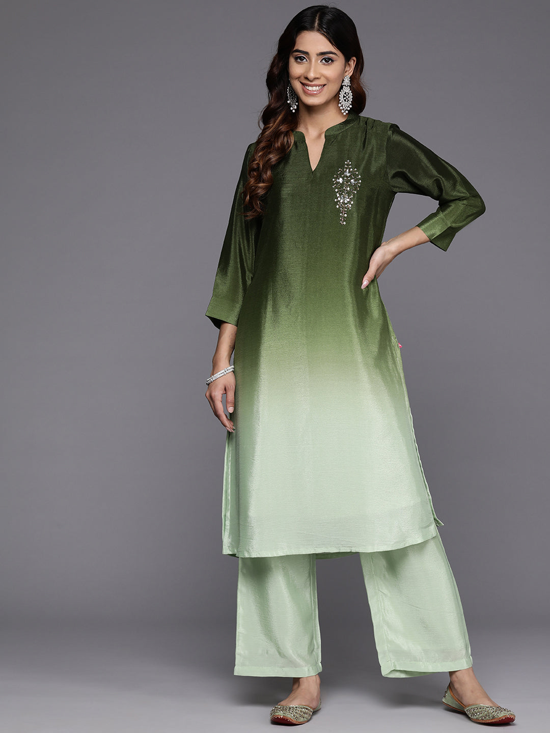 Varanga Women Mandarin Collar Placement Embroidered Kurta Paired With Tonal Bottom - Distacart