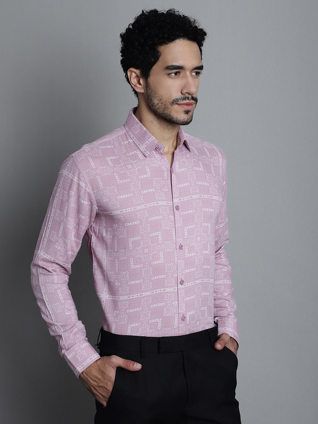 Jainish Men's Geomatric Printed Formal Shirts - Magenta - Distacart