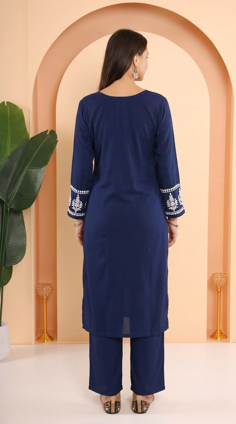 Gharana India Ishq Luxury Rayon 2Pc Navy Blue Chikankari Kurta Set - Dista