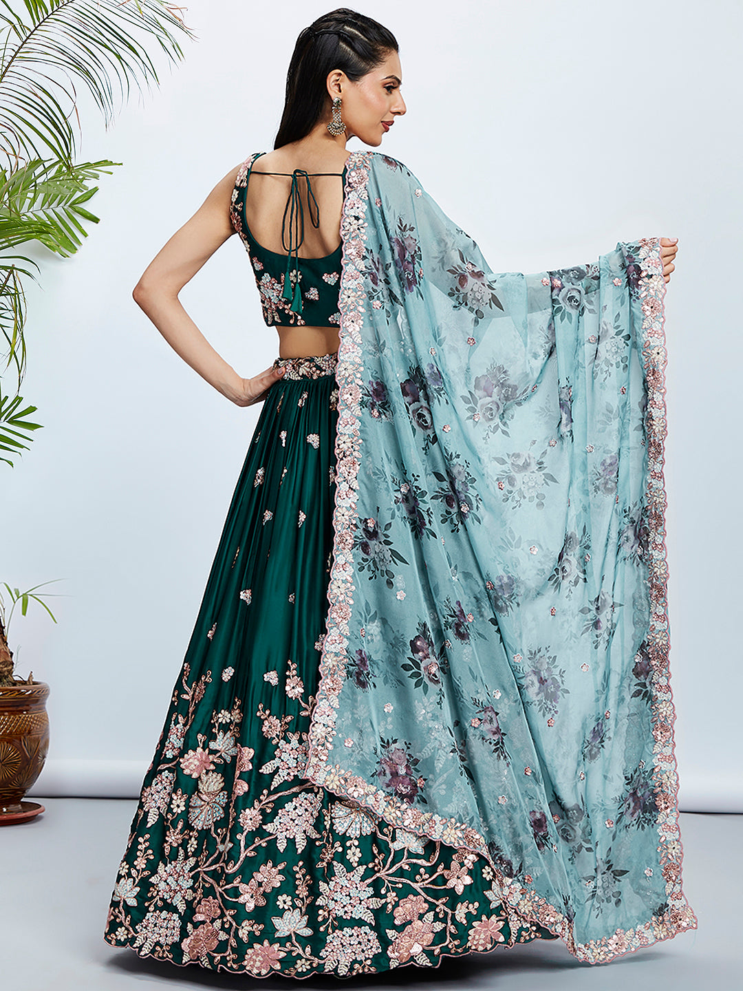 House of Panchhi Teal Pure Georgette Sequins And Thread Embroidery Lehenga Choli & Dupatta - Distacart