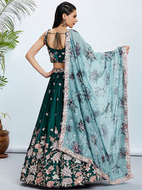 Thumbnail for House of Panchhi Teal Pure Georgette Sequins And Thread Embroidery Lehenga Choli & Dupatta - Distacart