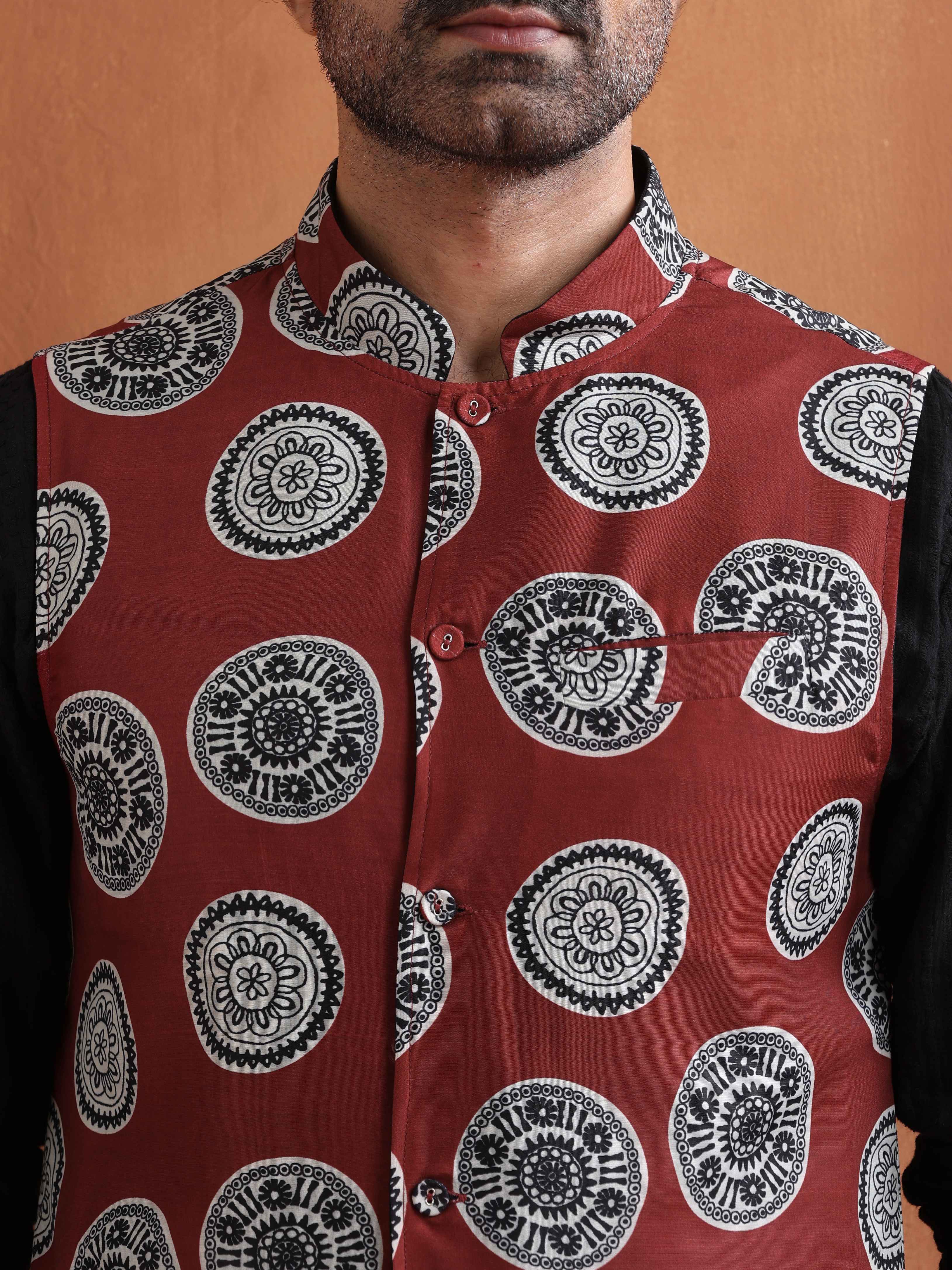 trueBrowns Men's Rust Printed Nehru Jacket