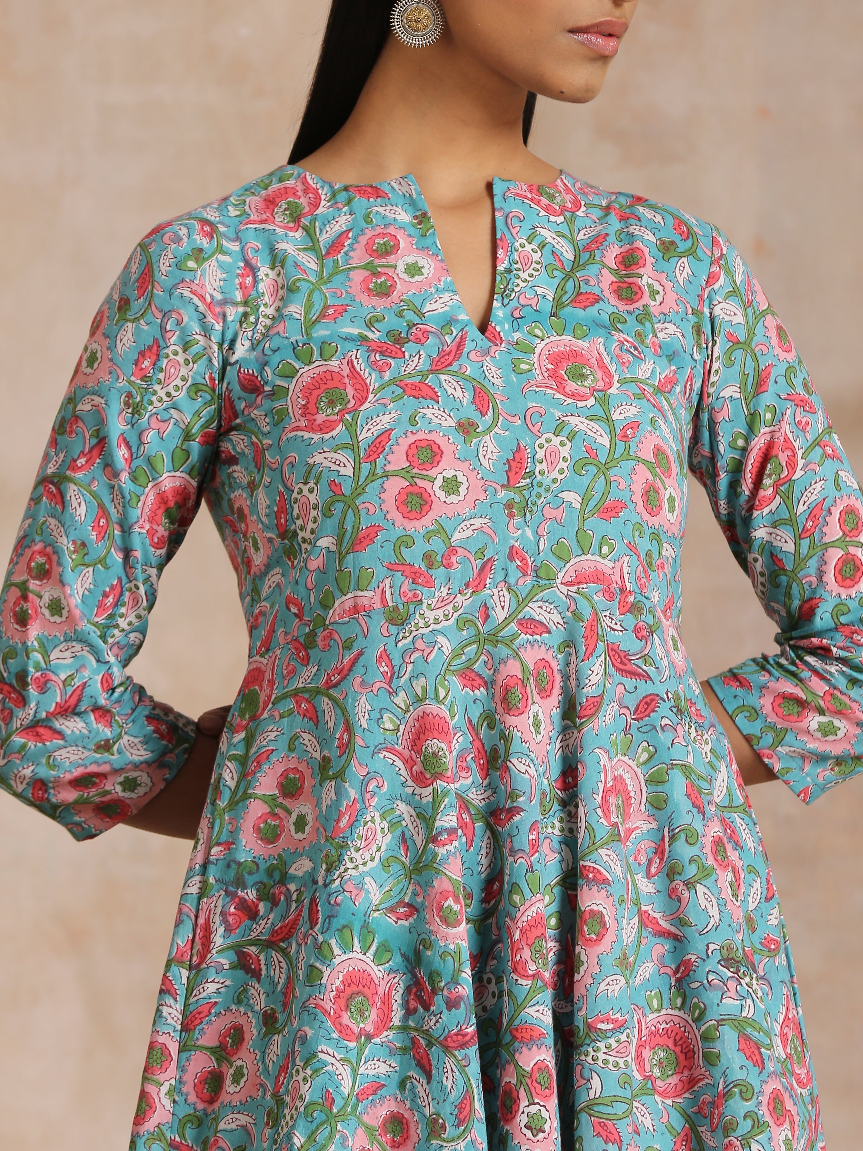 trueBrowns Turkish Blue Overall Floral Block Print Cotton Flared Kurta Pant Set - Distacart