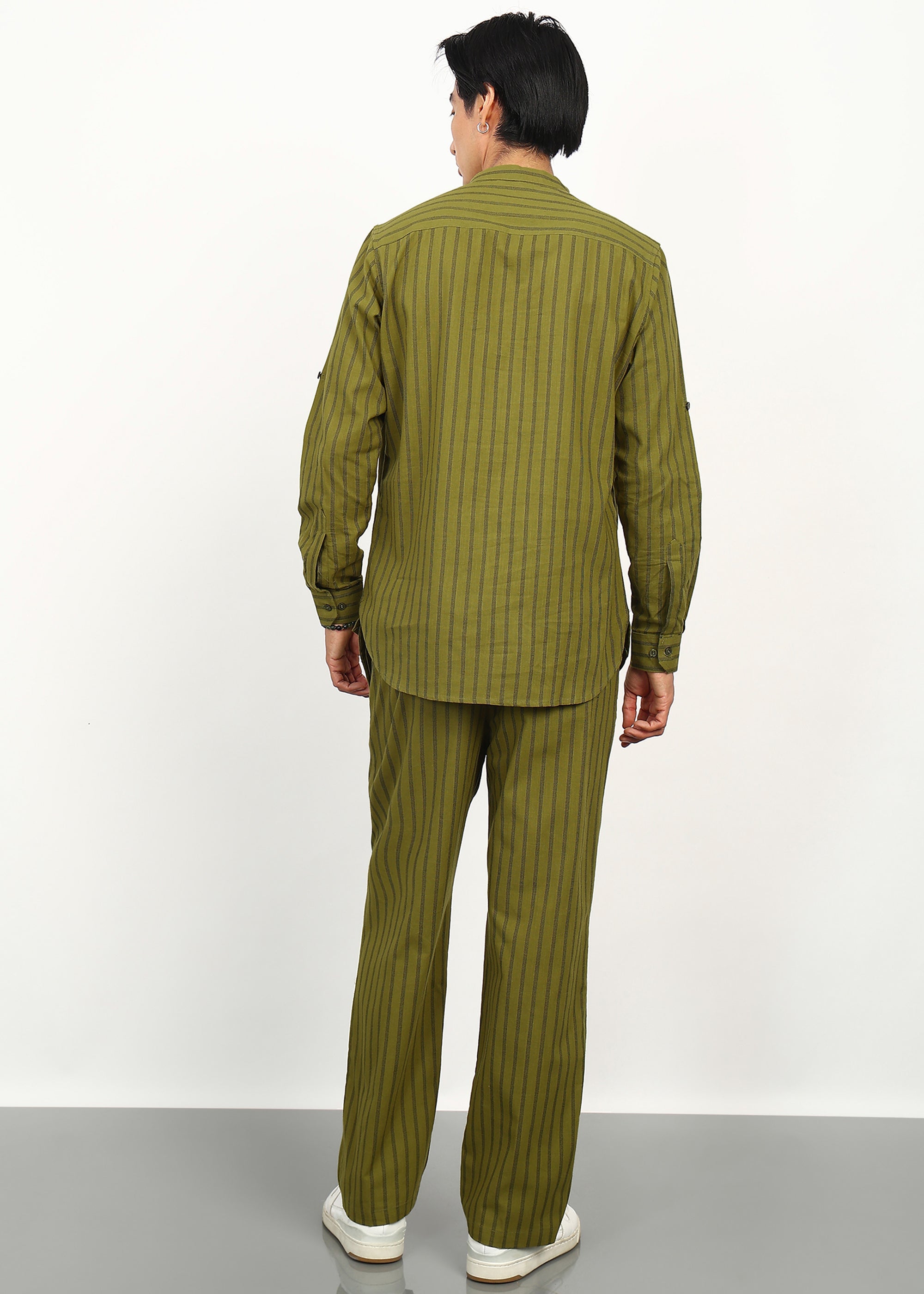 Fabmade Olive Stripe Linen Kurta Set - Distacart