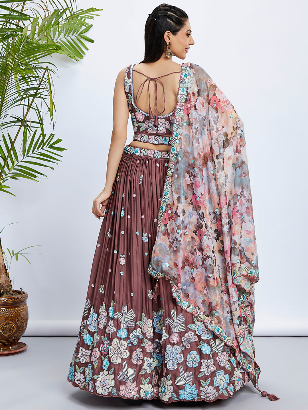 House of Panchhi Rose Gold Pure Georgette Sequins And Thread Embroidery Lehenga Choli & Dupatta - Distacart