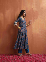 Thumbnail for trueBrowns Blue Print Flared Anarakali Kurta Set