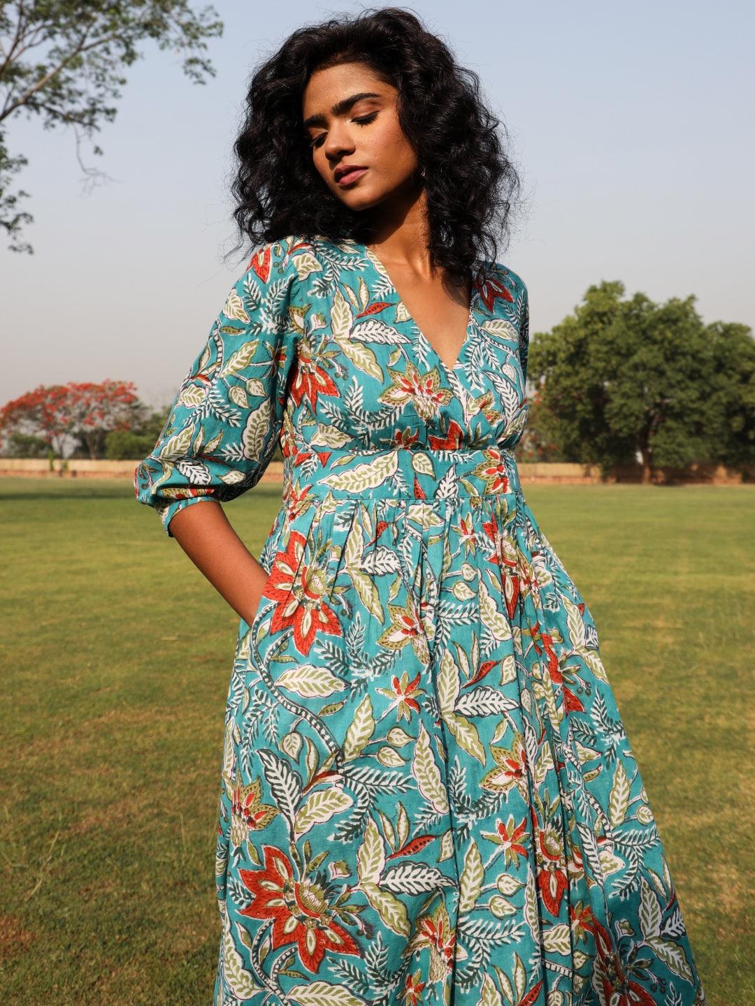 trueBrowns Teal Cotton Block Print Wrap Dress - Distacart