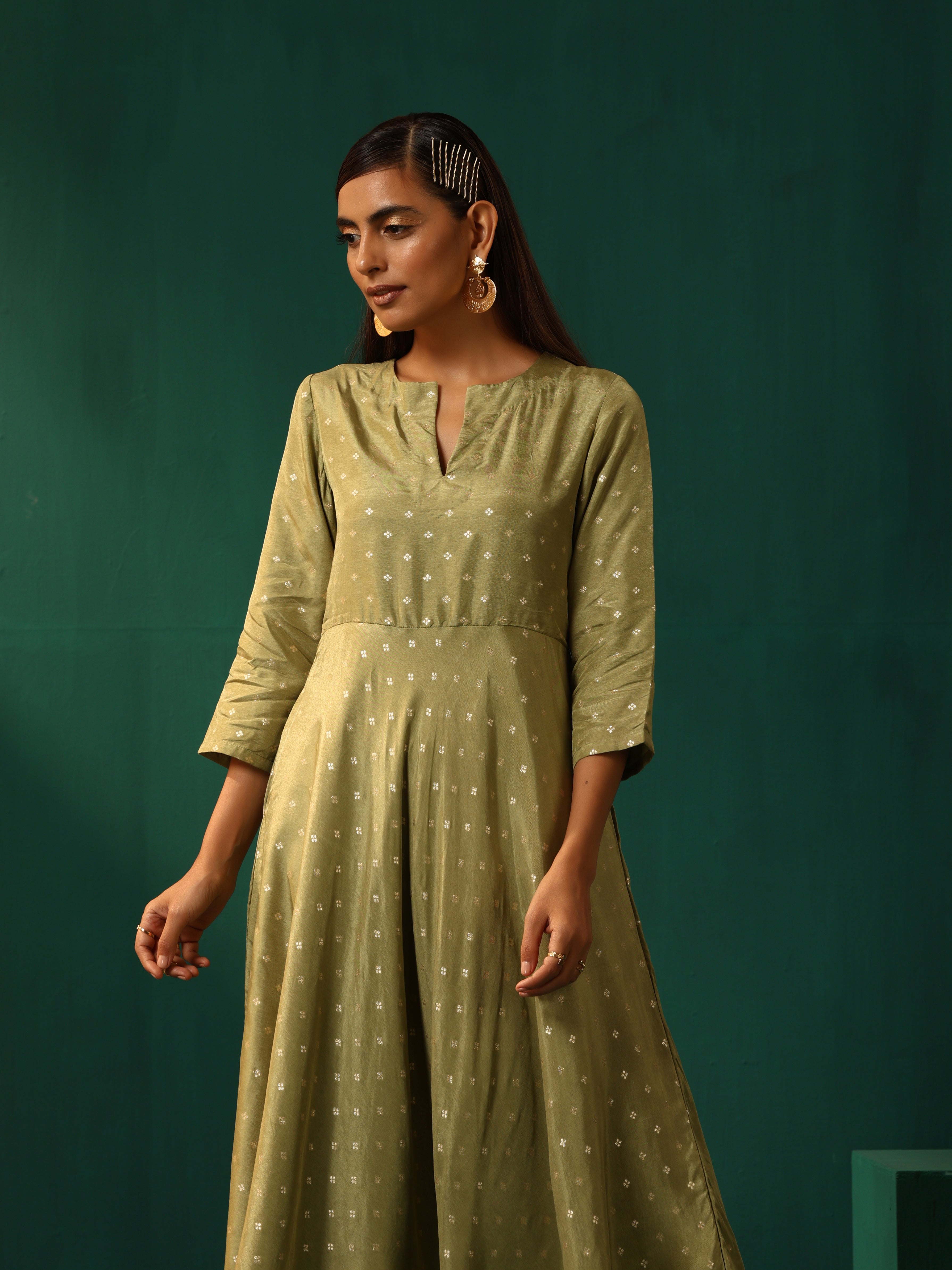 trueBrowns Green Square Viscose Silk Flared Kurta Pant Set - Distacart