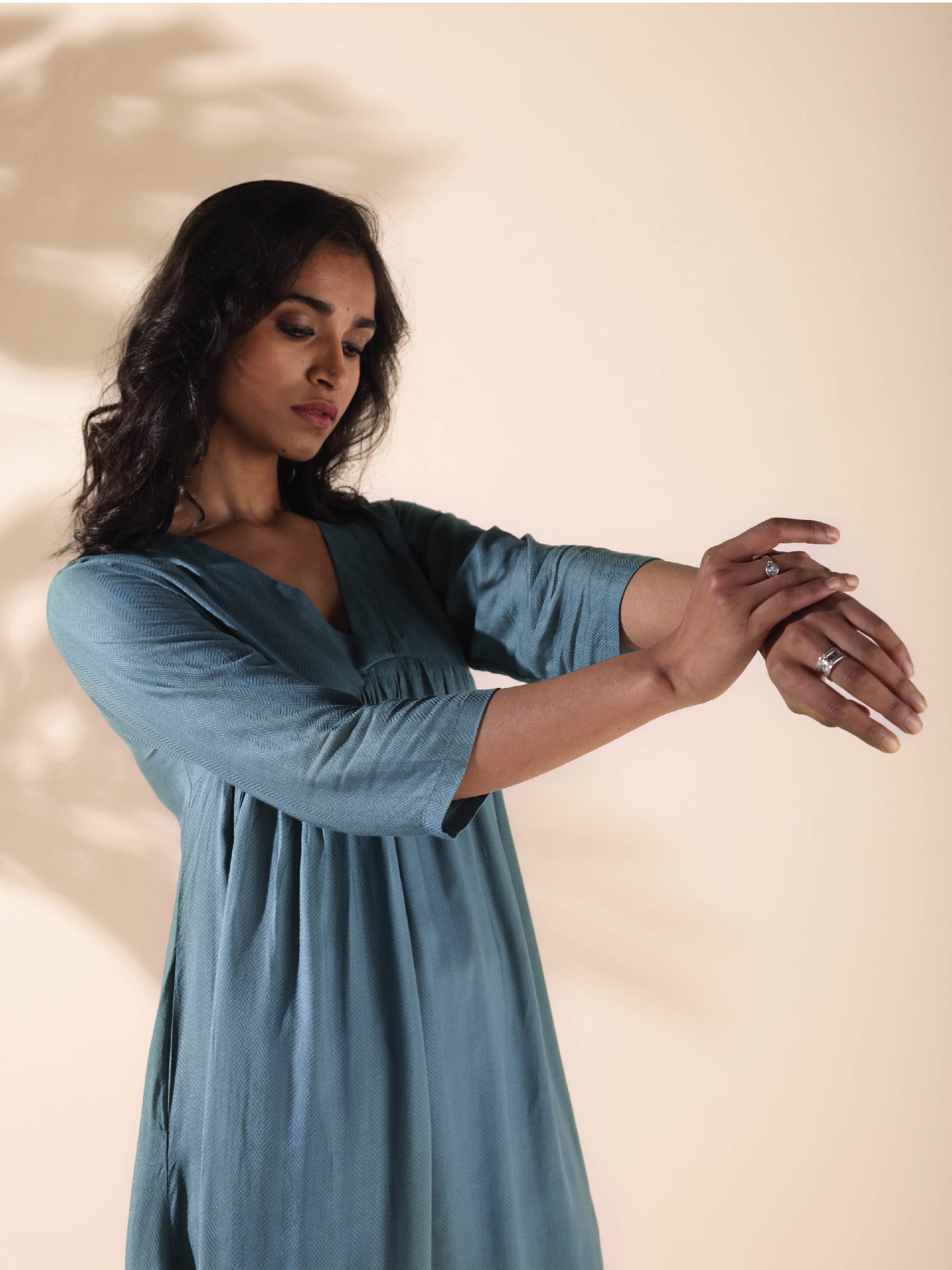 trueBrowns Turquoise Viscose Dobby Flared Kurta Pant Set - Distacart