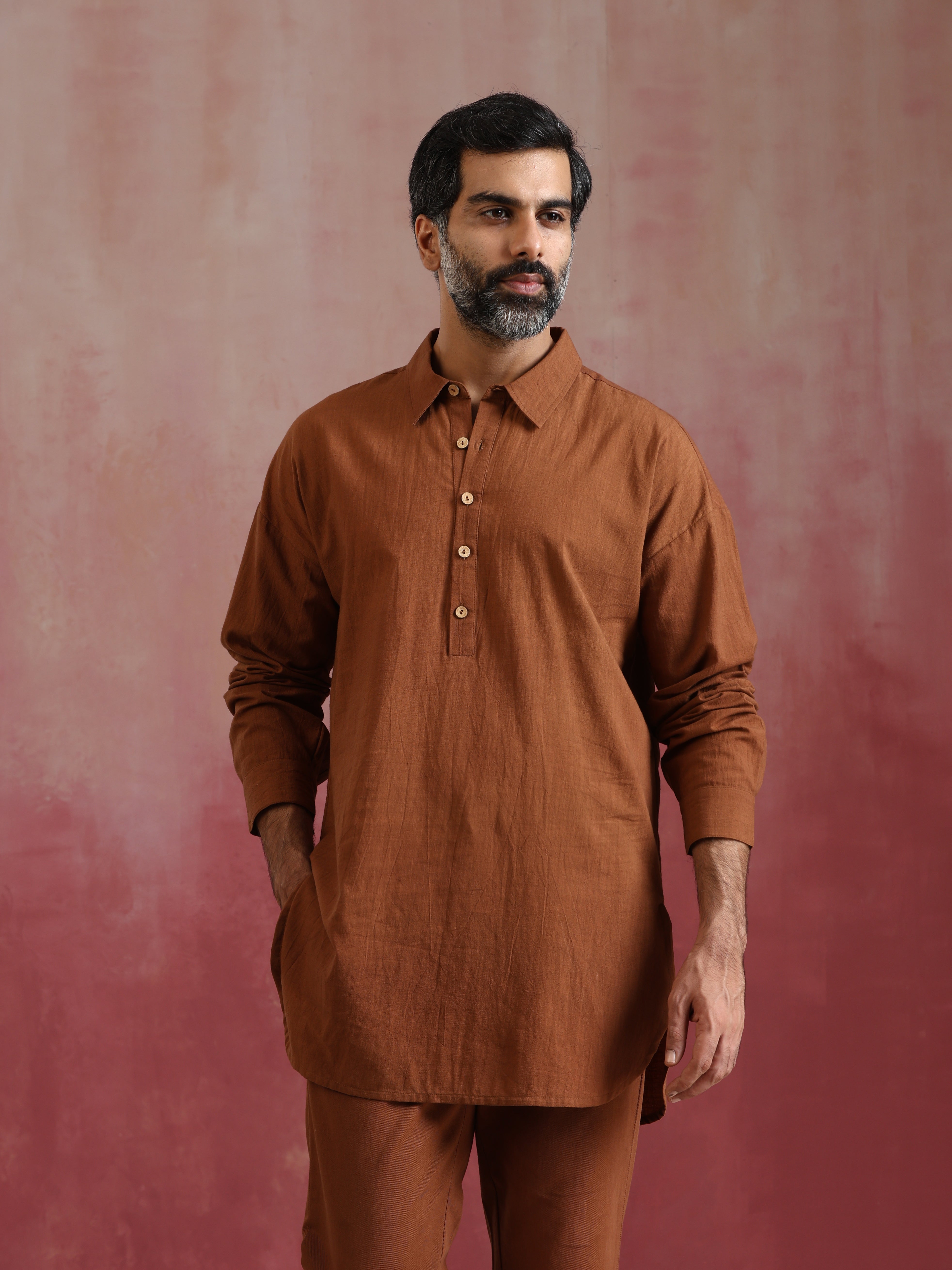 trueBrowns Men's Brown Cotton Shirt Collar Stylized Kurta Co-ord set