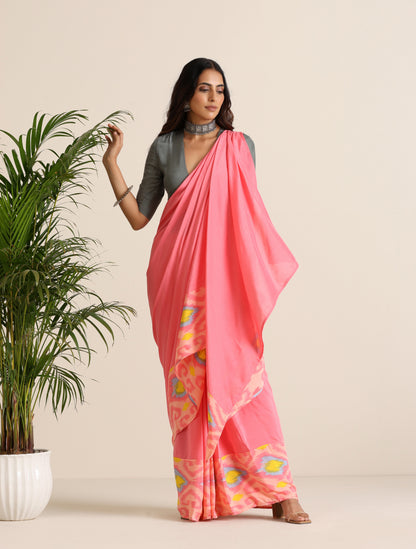 trueBrowns Pink Lime Muslin Ikat Saree - Distacart