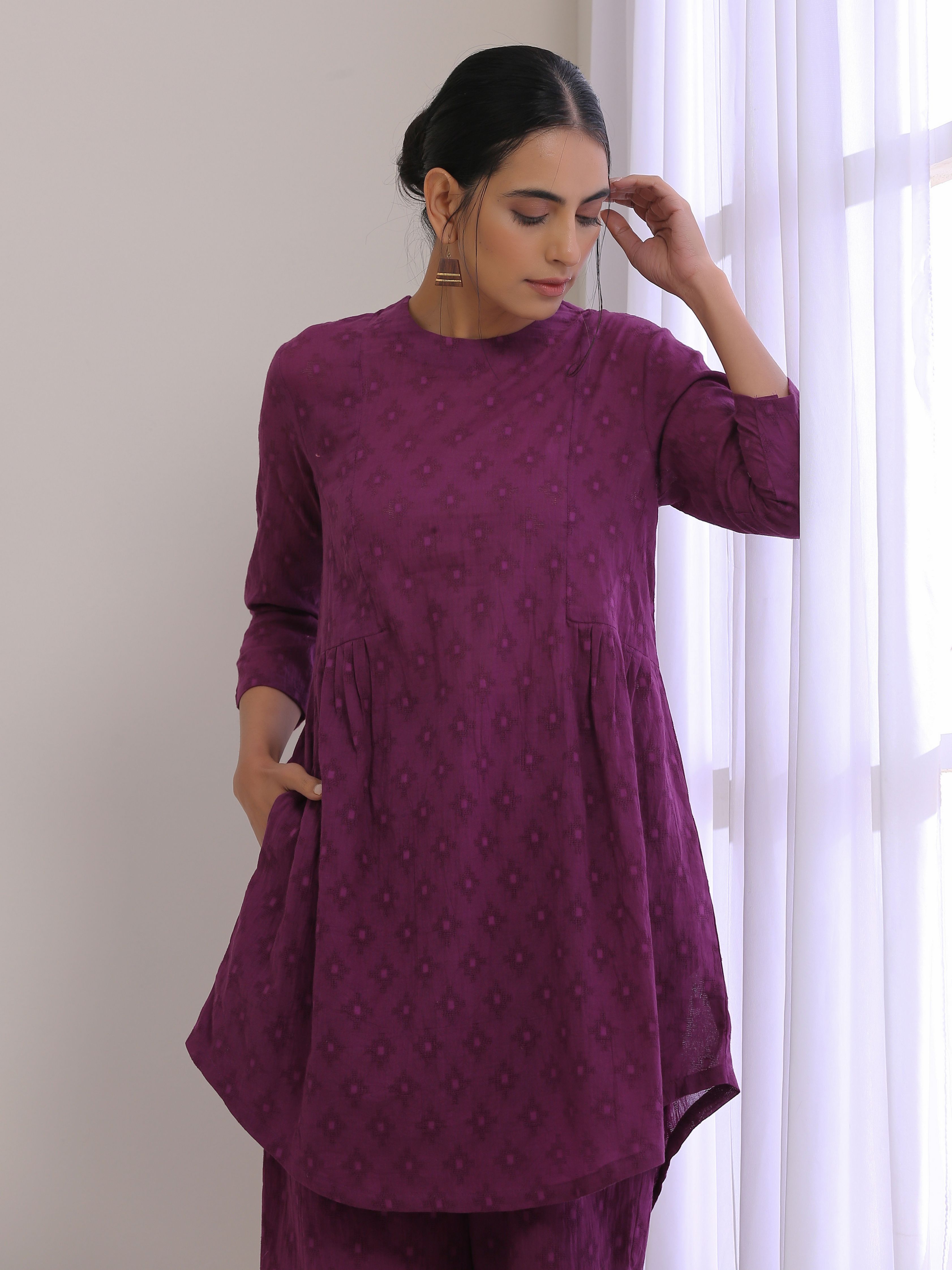 trueBrowns Plum Purple Dobby Gathers Co-Ord Set - Distacart
