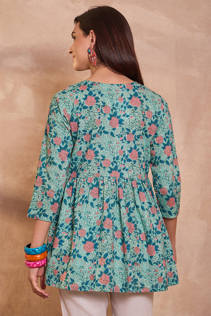 Vivaanta Fashion Cotton Blend Blue Floral Regular Top - Dista