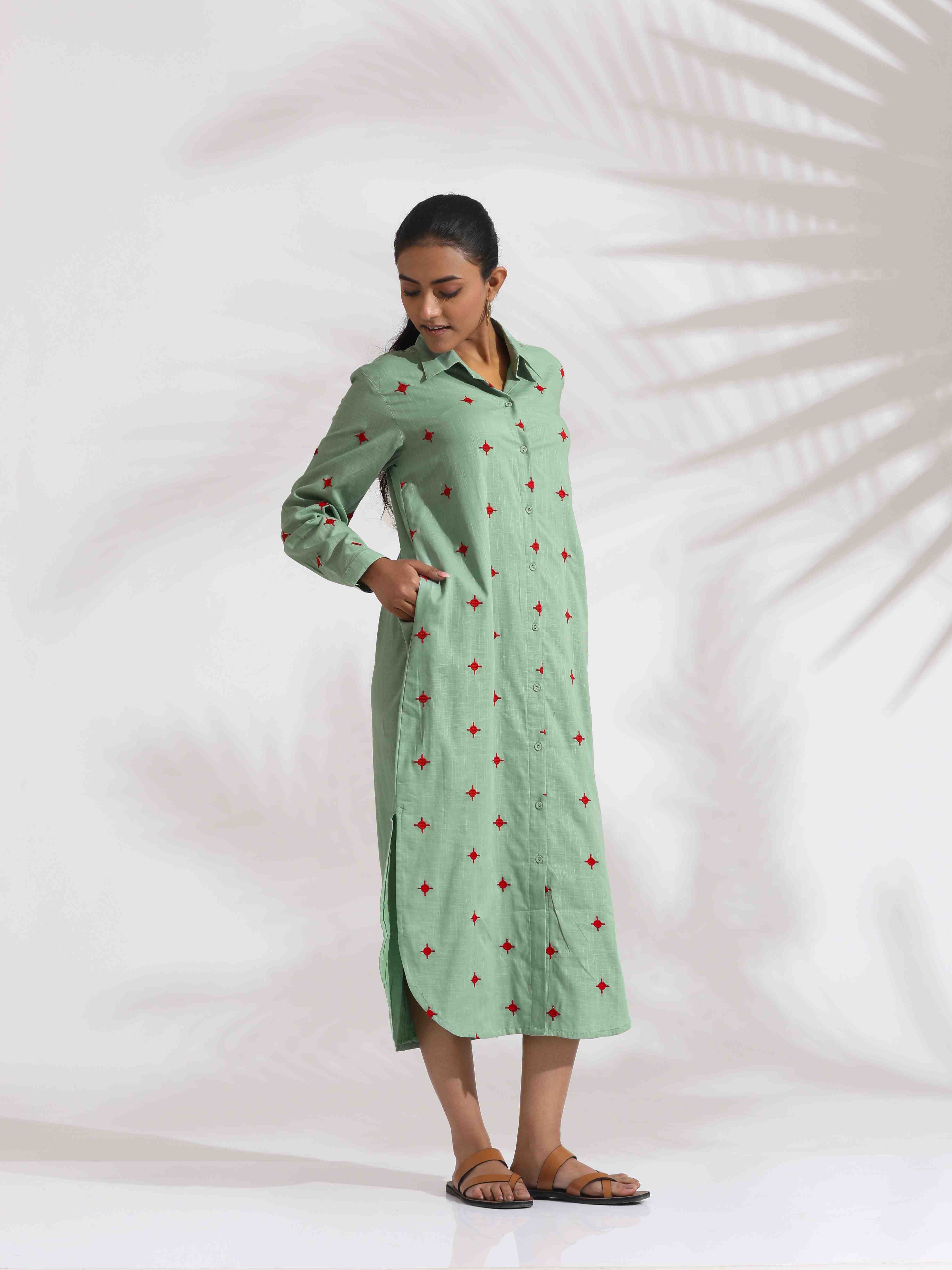 trueBrowns Green Cotton Embroidered Shirt Dress - Distacart