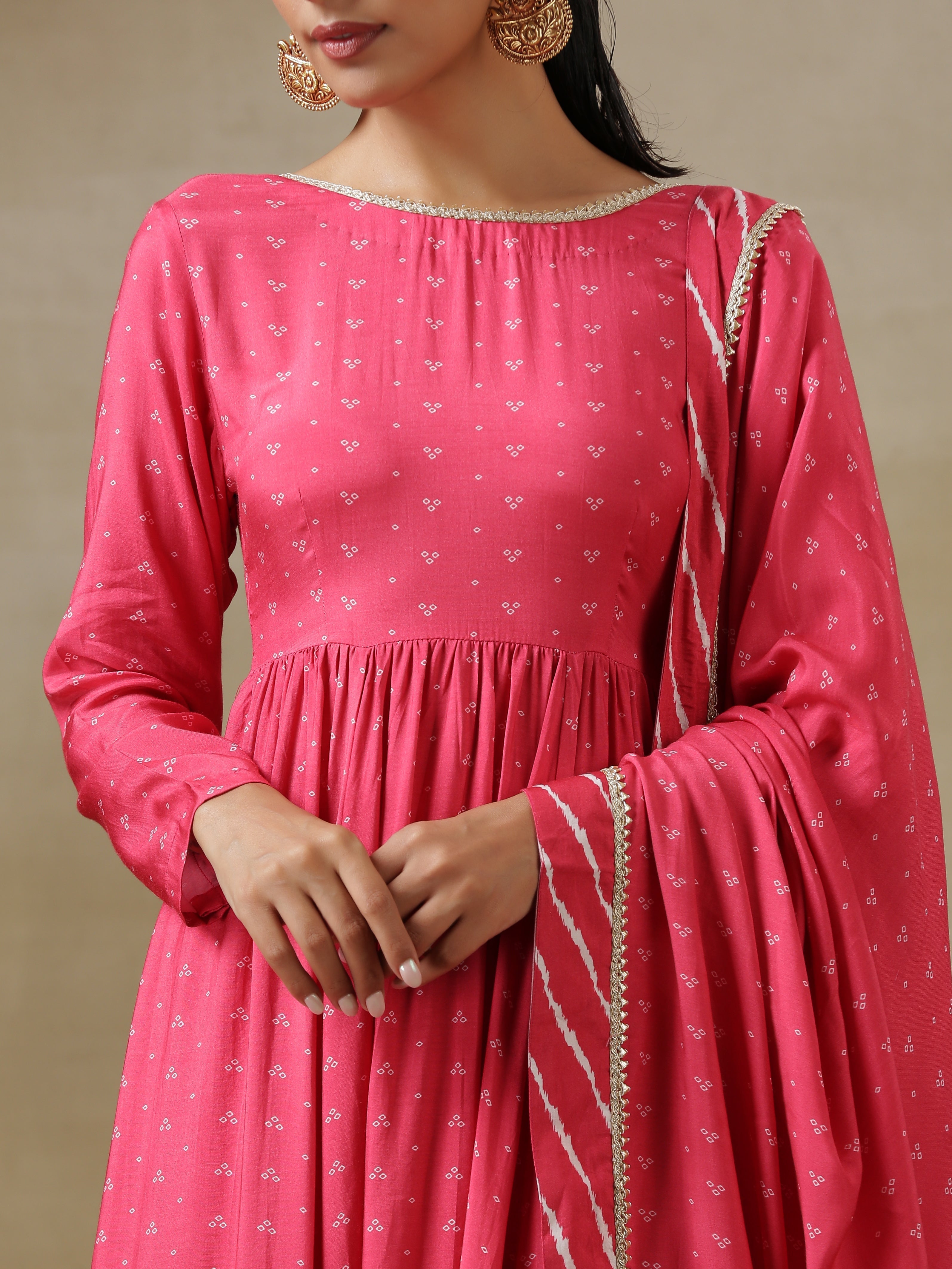 trueBrowns Pink Bandhani Printed Silk Anarkali Kurta Pant Dupatta Set - Distacart