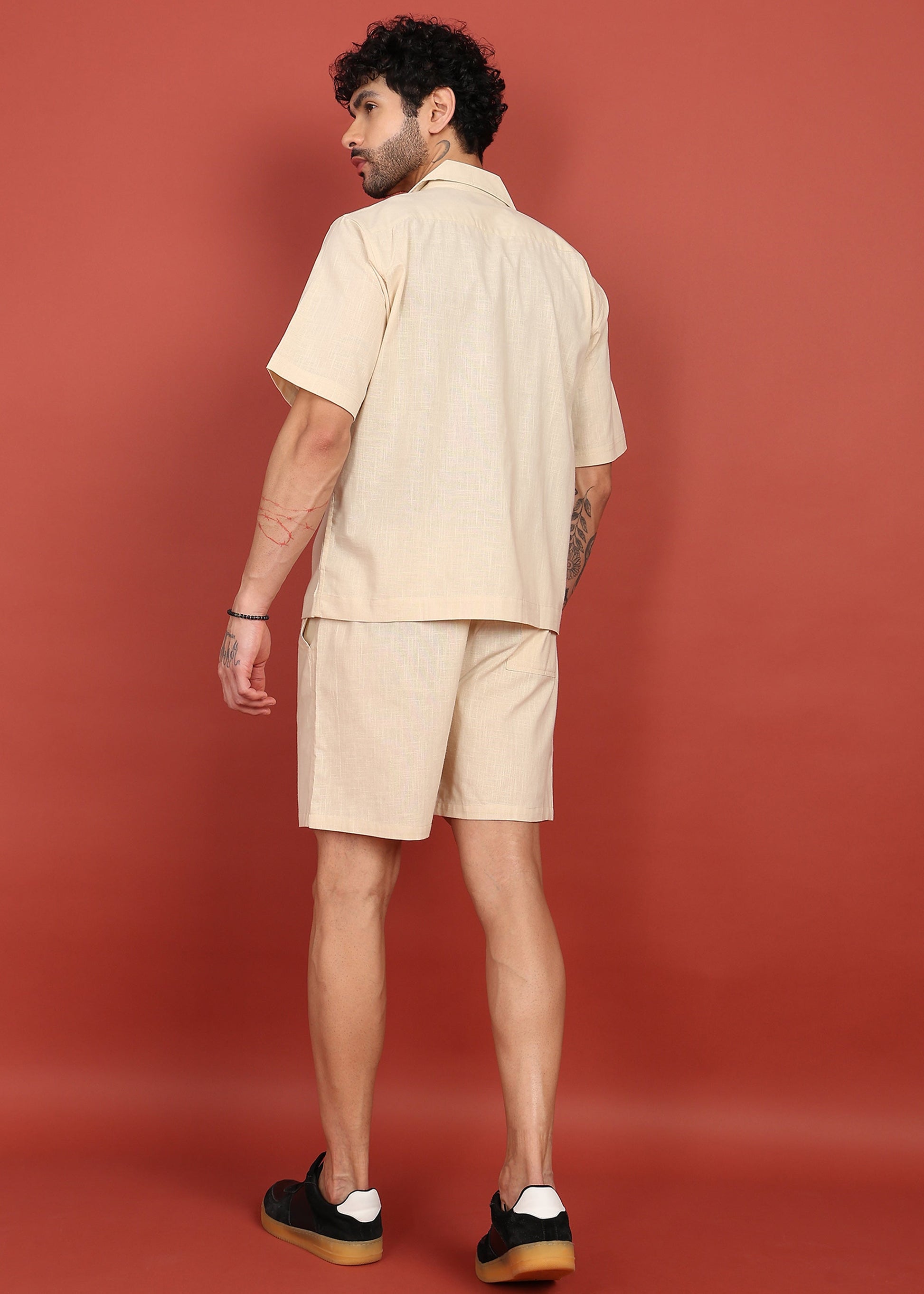 Fabmade Men Beige Cotton Linen Coort-Set Shorts - Distacart