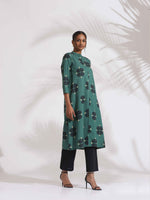 Thumbnail for trueBrowns Green Cotton Print Front Slit Kurta Set