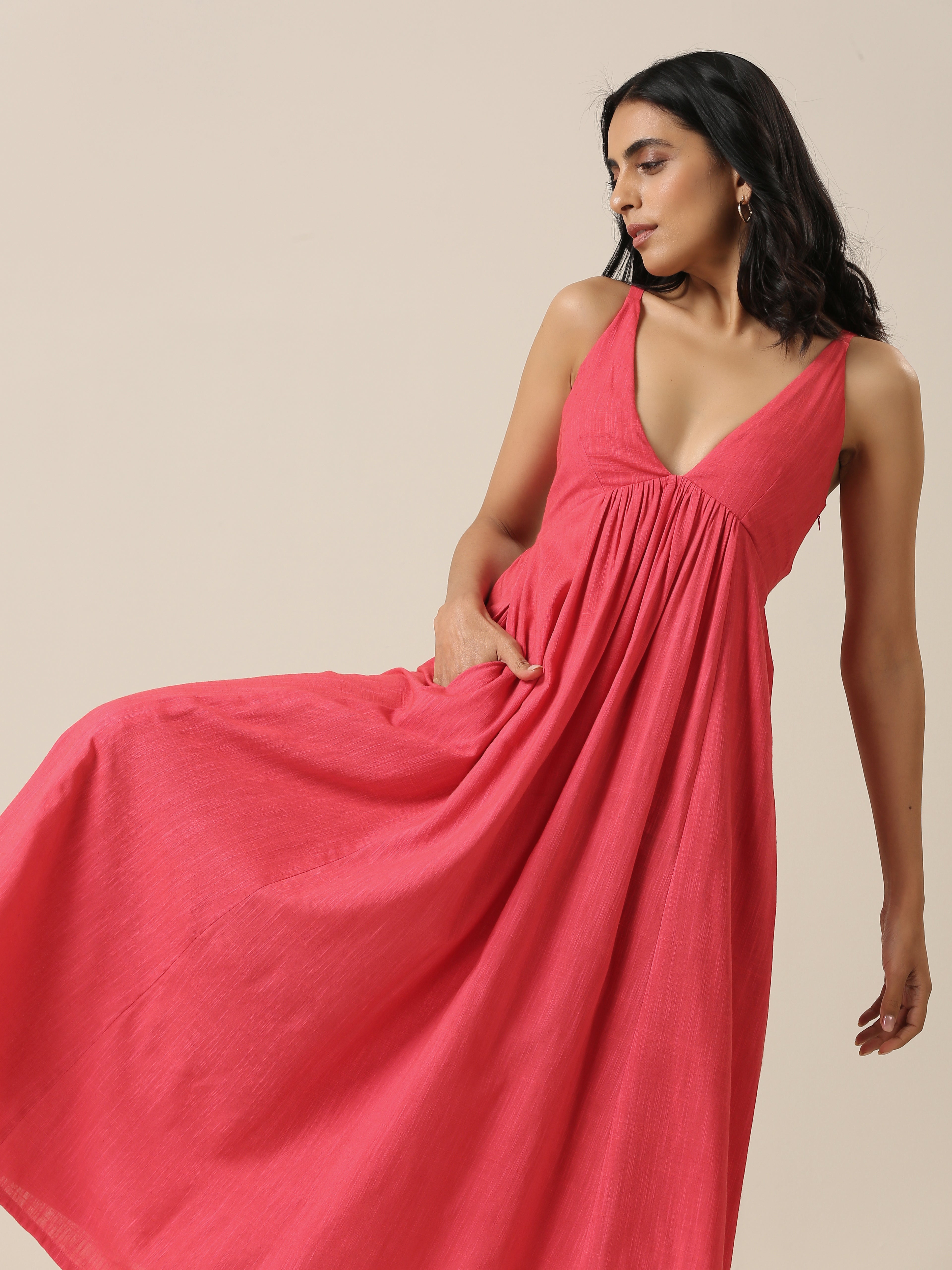 trueBrowns Bright Pink Slub Texture Sleeveless Dress - Distacart