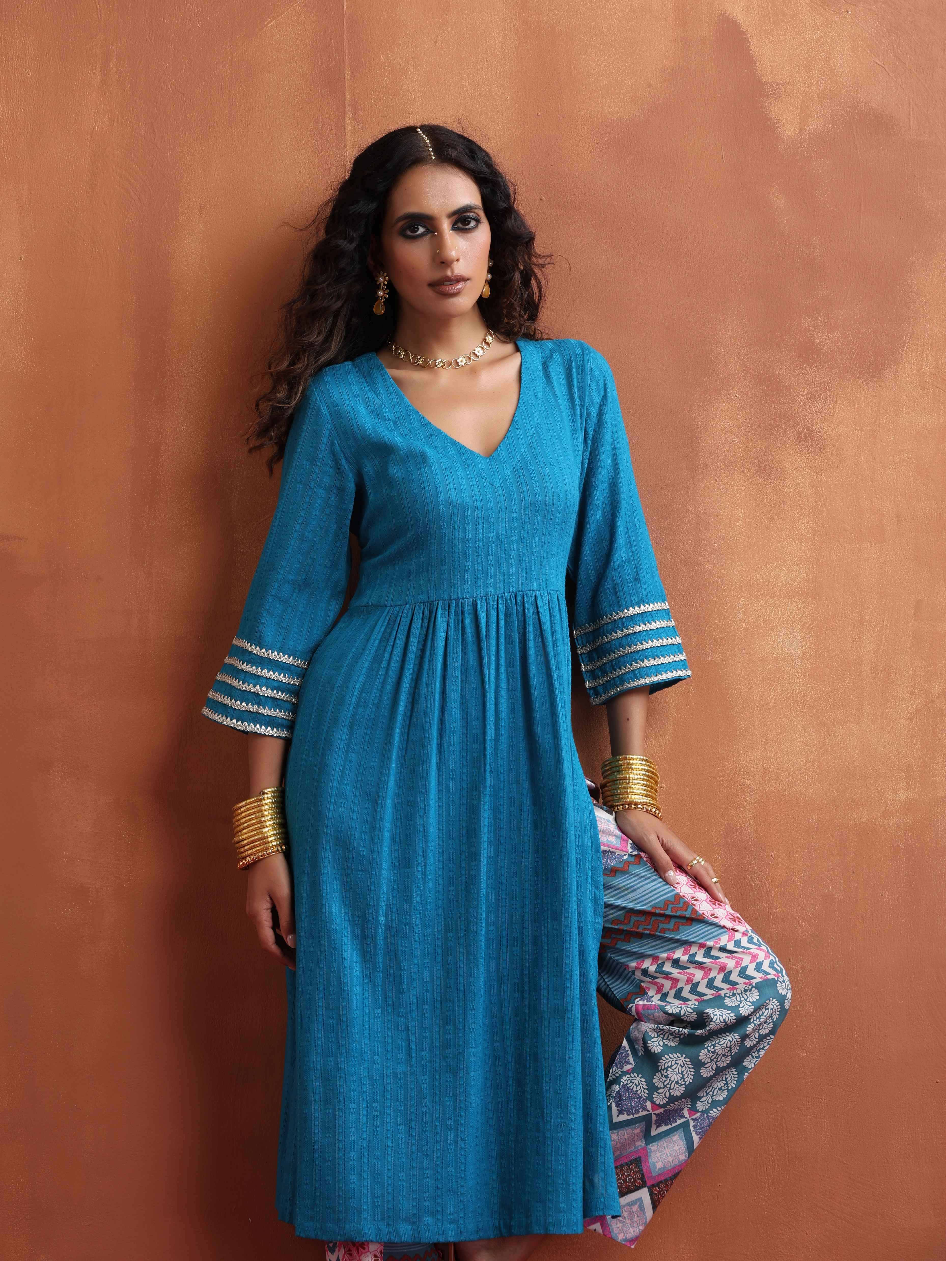 trueBrowns Blue Cotton Flared Anarkali Kurta Set - Distacart