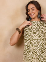 Thumbnail for InWeave Mehandi Green White Moroccan Print Round Neck Kurta Set