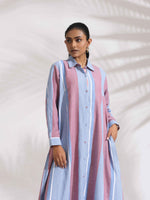 Thumbnail for trueBrowns Blue Cotton Stripe Flared Shirt Dress
