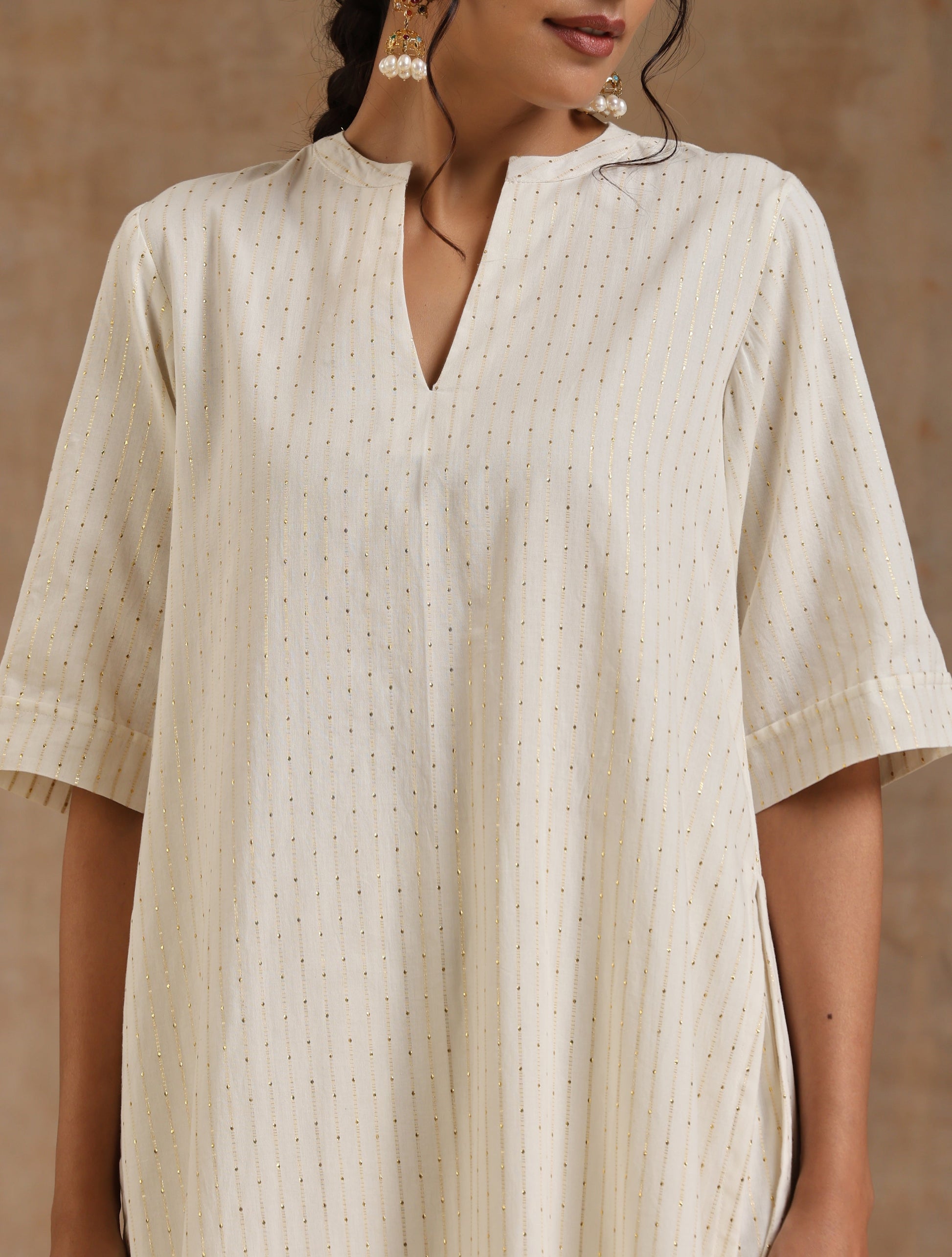 trueBrowns Ivory Gold Cotton Relaxed High-Low Kurta Set - Distacart