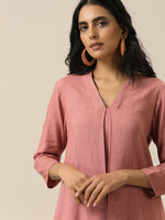Thumbnail for trueBrowns Light Mauve Slub Texture Neck Pleat Kurta Pant Set - Distacart