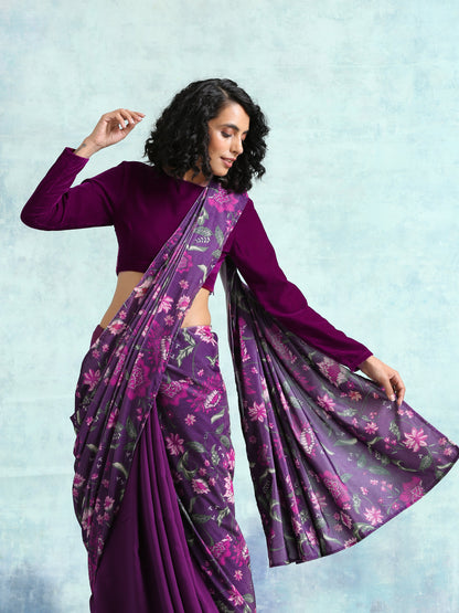 trueBrowns Wine Printed Velvet Ready to Wear Saree - Distacart