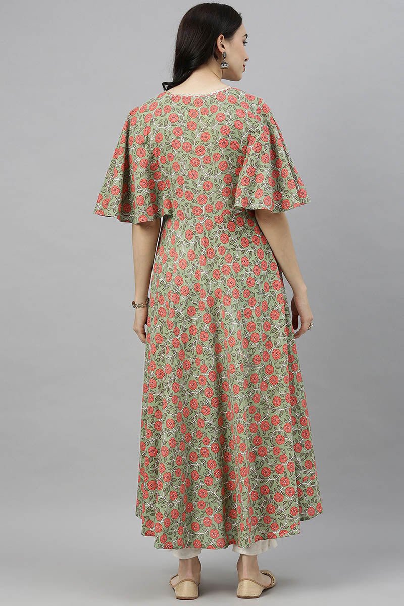 Ahika Green Cotton Flared Kurta